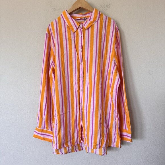 Primark Womens Swim Cover Button Up Shirt Sunset Stripes Large Pink Orange Linen - Picture 1 of 8